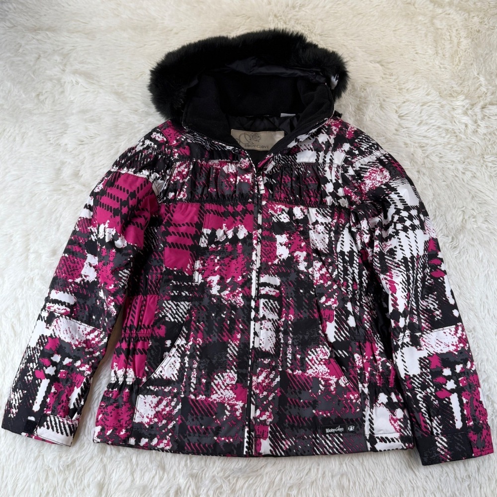 Vintage Body Glove Girls 14 Ski Coat Pink Black Faux Fur Hood Winter Jacket‎